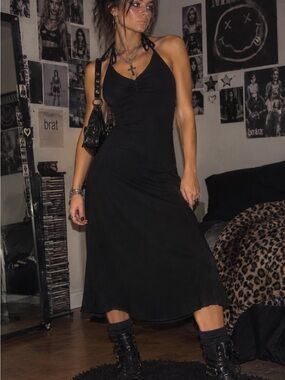 Vintage Mystic Size Small Black Halter Midi Dress Y2K Dark Fairy Grunge Witchy